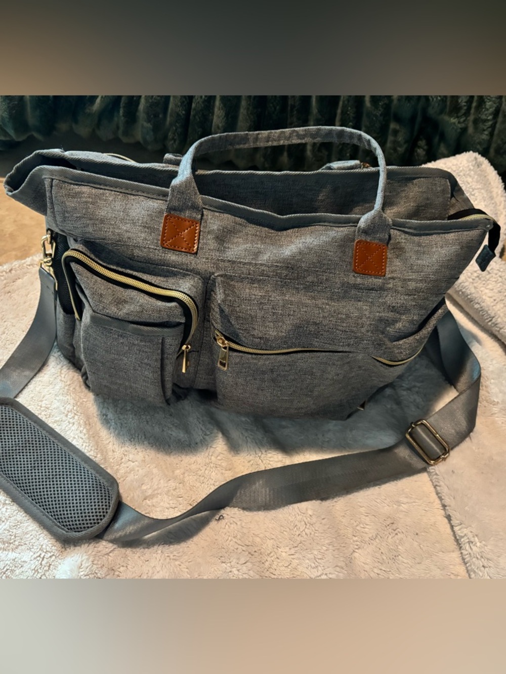 Gray Multi-Pocket Baby Diaper Bag Tote with Adjustable Strap